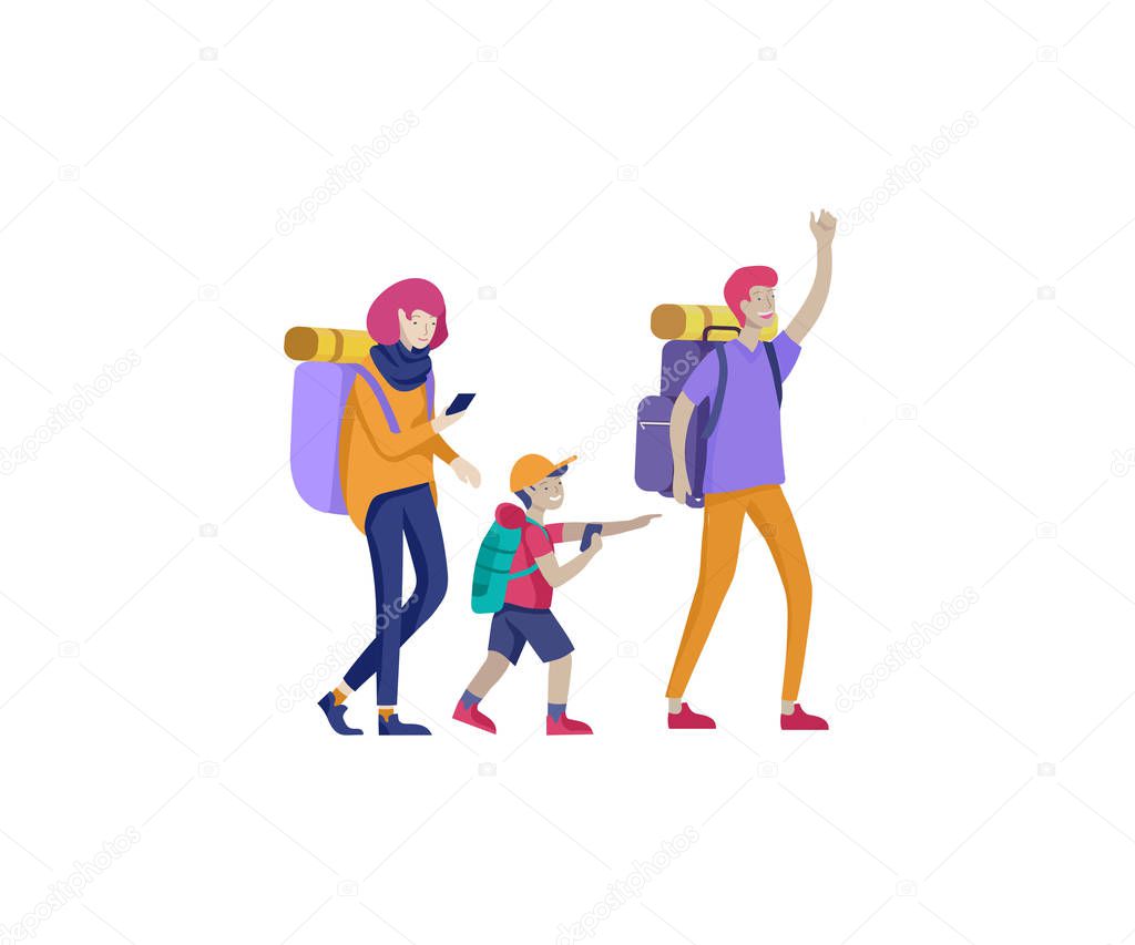 Collection of family hobby activities. Mother, father and children walking hiking and treveling together. Cartoon vector