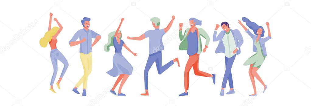 Jumping character in various poses. Group of young joyful laughing people jumping with raised hands. Happy positive young men and women