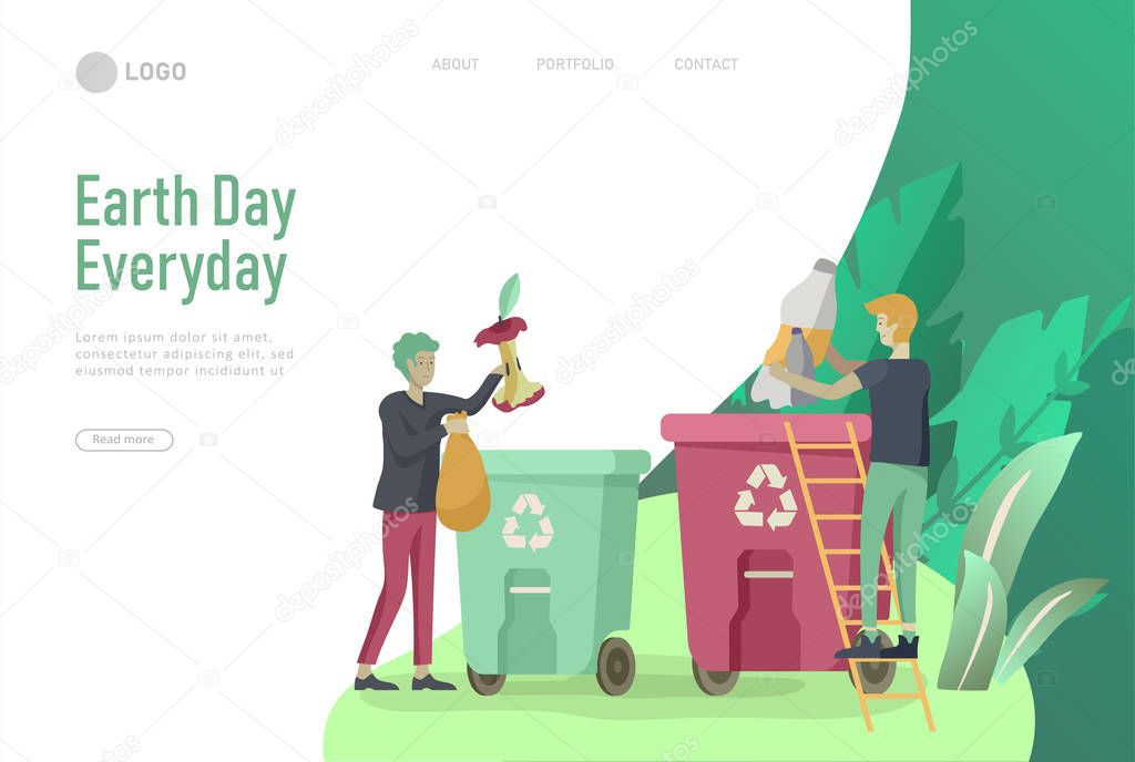 Landing page template with people Recycle Sort Garbage in different container for Separation to Reduce Environment Pollution. Family with kids collect garbage. Earth Day vector cartoon