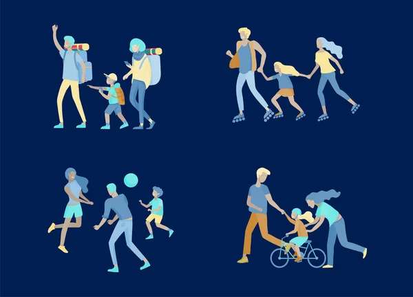 Verzameling van familie hobby activiteiten. Moeder, vader en kinderen leren dochter te rijden fiets, wandelen en treveling, rolschaatsen, spelen bal samen. Cartoon vector — Stockvector