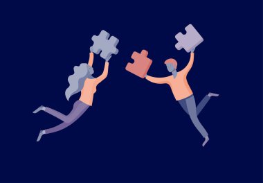 Puzzle Infographic ile vektör karakter iş insanları çözüm var. Gol düşünme. Bir ekip oluşturmak için Grup tarafından işbirliği. Konsept Web Tasarım renkli düz kavramı