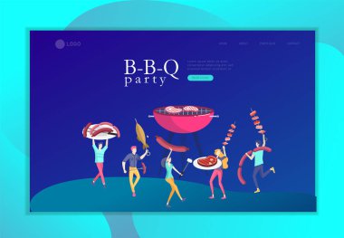 Açılış sayfası şablon insanlar Barbekü hazırlamak. Barbekü partisi. İnsanlar et ızgarada. Kavramsal modern ve trendy renkli vektör illüstrasyon