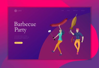 Açılış sayfası şablon insanlar Barbekü hazırlamak. Barbekü partisi. İnsanlar et ızgarada. Kavramsal modern ve trendy renkli vektör illüstrasyon