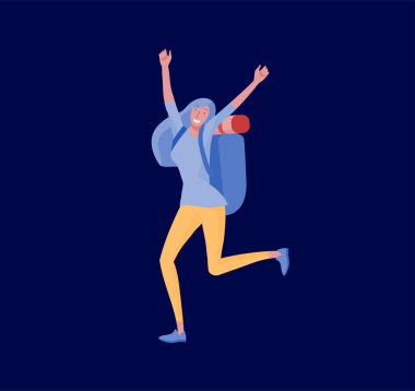 İnsanlar yürüyüş ve trekking, tatil seyahat vektör, otostopçu ve Turizm illüstrasyon için erkek ve kadın karakter. Arkadaşlarınızla seyahat eden turistler, Bagaj ve ekipmanlarla çeşitli etkinliklerle