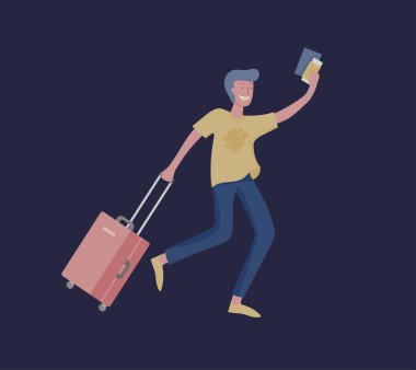 Tek başına seyahat bagaj ile turist adam, yolculuğa gidin. Yolcu Bagaj ve ekipman ile çeşitli aktivite