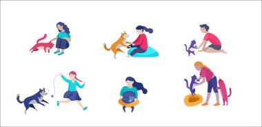 Kedi ve köpek ile çocukların Vektör illüstrasyon seti. Mutlu, komik çocuklar oynarken, aşk ve kedi yavruları, düz karikatür evcil hayvan bakımı