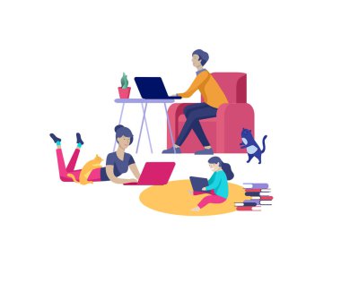 Aile hobisi ve aktiviteleri koleksiyonu. Anne, baba ve çocuklar birlikte gadget'lar ile evde rahatlatıcı. Karikatür vektörü