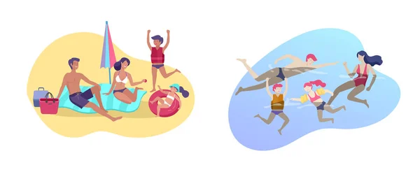 Colección de actividades de pasatiempo de verano familiar. Madre, padre e hijos tomando el sol, nadando, viajando juntos. vector de dibujos animados — Vector de stock