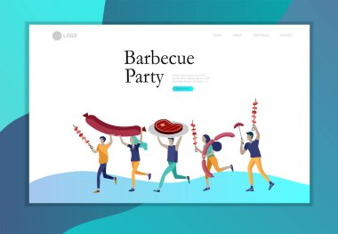 Açılış sayfası şablon insanlar Barbekü hazırlamak. Barbekü partisi. İnsanlar et ızgarada. Kavramsal modern ve trendy renkli vektör illüstrasyon