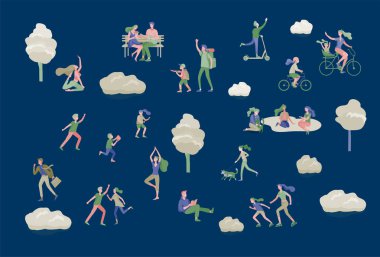 İnsanlar zaman geçiriyorlar, doğada dinleniyorlar, aile ve çocuklar parkta spor yapıyorlar, köpek gezdiriyorlar, yoga yapıyorlar, bisiklete biniyorlar, tenis oynuyorlar. Çizgi film vektörü