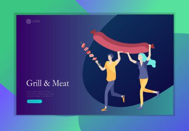 Açılış sayfası şablon insanlar Barbekü hazırlamak. Barbekü partisi. İnsanlar et ızgarada. Kavramsal modern ve trendy renkli vektör illüstrasyon