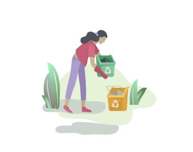 insanlar ve çocuklar geri dönüşüm sıralama organik çöp ayrım için farklı konteyner azaltmak için çevre kirliliği. Çocuklar ile aile çöp toplar. Çevre gün vektör karikatür