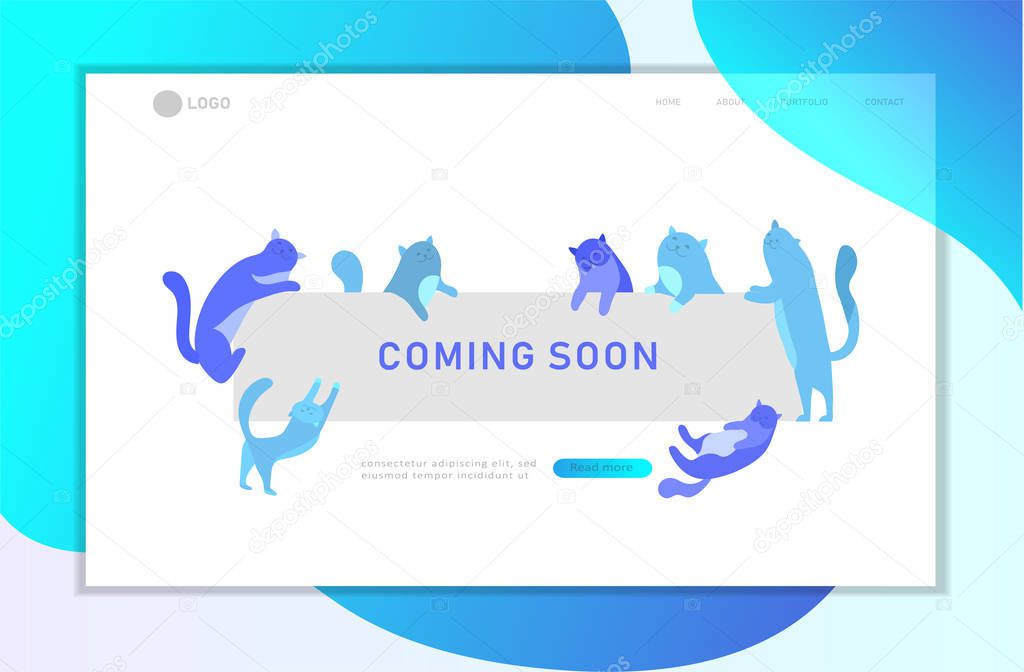 Landing page template with Cute cats holding blank banner with coming soon message. Happy cute kitten. Cartoon style vector