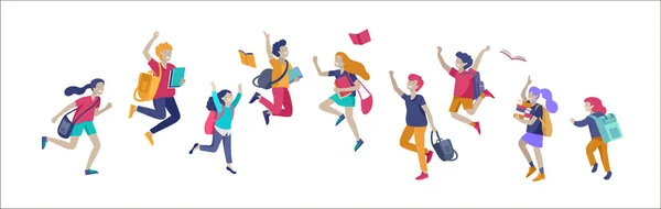 Fröhliche Schulkinder, die vor weißem Hintergrund fröhlich hüpften und lachten. Konzept von Glück, Freude und Spaß. Vektor-Illustration für Banner, Poster, Website — Stockvektor