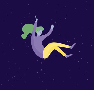 Uzayda uçan esinlenerek bir kadın. Karakter hareket ve rüyalar, hayal ve ilham yüzen. Düz tasarım stili