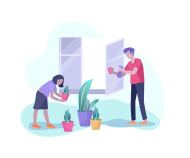 Aile ev işleri yapan sahneler, çift erkek ve kadın ev temizliği, yıkama ve temizlik penceresi, silme tozu, su çiçeği. Vektör illüstrasyon karikatür