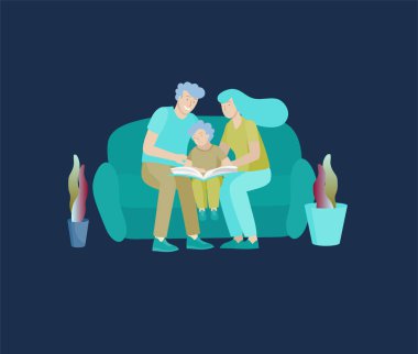 Aile hobi faaliyetlerinin koleksiyonu. Anne, baba ve çocuklar kitap okuyup çocuklara ders veremdir. Karikatür