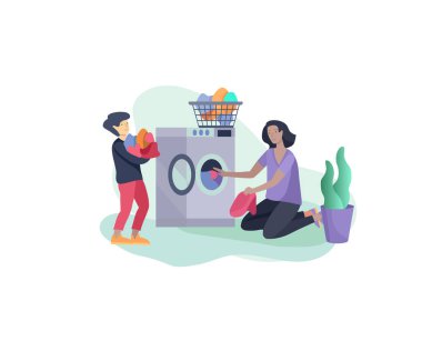 Aile ile ev işi yapan sahneler, çocukların annelerinin evi temizlemelerine yardım etmeleri, çamaşır yıkamaları ve dolapya ya da dolaba bir şeyler koymaları. Karikatür vektör illüstrasyon