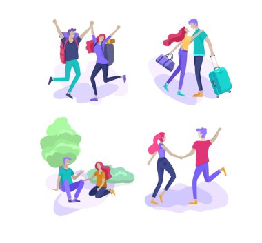 Mutlu Aşık İlişkisi, romantik çiftin öpüşme, sarılma, bisiklete binme, yürüme, tenis oynama, gitar çalma, yoga yapma, dans etme gibi sahneler. Karakterler Sevgililer Günü Seti. Renkli vektör