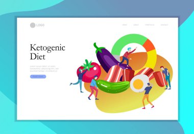 Keto diyet açılış sayfası şablonu. Düşük karbonhidrat diyet grafik ile Karikatür insanlar karakter kavramı. Depresyon için sağlıklı ketojenik durum. Organik çiğ beslenme paleo gıda mağara adamı