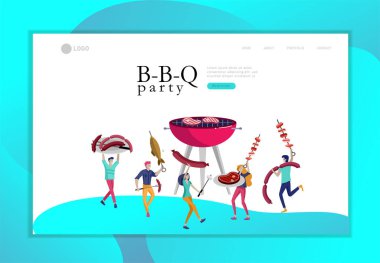 Açılış sayfası şablon insanlar Barbekü hazırlamak. Barbekü partisi. İnsanlar et ızgarada. Kavramsal modern ve trendy renkli vektör illüstrasyon