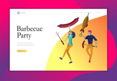 Açılış sayfası şablon insanlar Barbekü hazırlamak. Barbekü partisi. İnsanlar et ızgarada. Kavramsal modern ve trendy renkli vektör illüstrasyon
