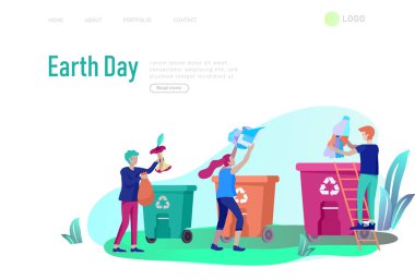 Landing page template with people Recycle Sort Garbage in different container for Separation to Reduce Environment Pollution. Family with kids collect garbage. Earth Day vector cartoon clipart