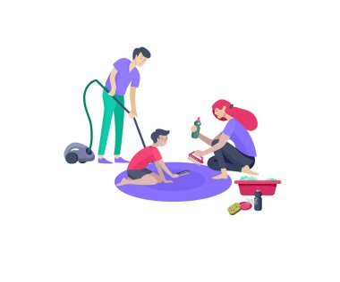 Aile hobisi ve aktiviteleri koleksiyonu. Anne, baba ve çocuklar eve yontuyor. Karikatür vektörü