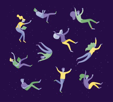 Uzayda uçan ve gadget 'lar ve kağıtlar ile etkileşim ilham Insanlar. Karakterler hareket ve rüyalar, hayal ve ilham yüzen ayarlayın. Düz tasarım stili