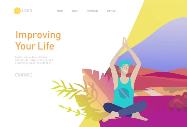 Templat desain halaman web dengan pria dan wanita bermeditasi, duduk dalam postur yoga di rumah dan di luar ruangan. Latihan yoga di alam. Konsep kesehatan mental. Vektor - Stok Vektor