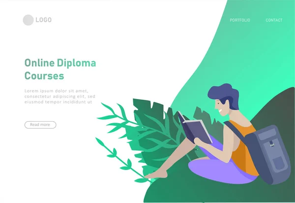 Conjunto de modelos de design de página web com pessoas de aprendizagem descontraídas ao ar livre para educação on-line, treinamento e cursos. Conceitos modernos de ilustração vetorial para website e site móvel — Vetor de Stock