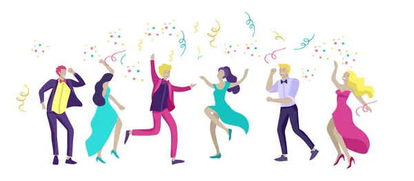Group of smiling young people or students in evening dresses and tuxedos, happy Jumping and dansing. Prom party, prom night invitation, promenade school dance concept. Vector — Stock Vector