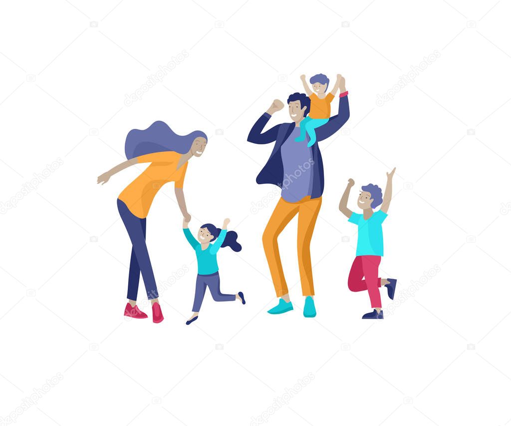 Collection of family hobby activities. Happy Mother, father and children dansing and jumping together. Cartoon vector