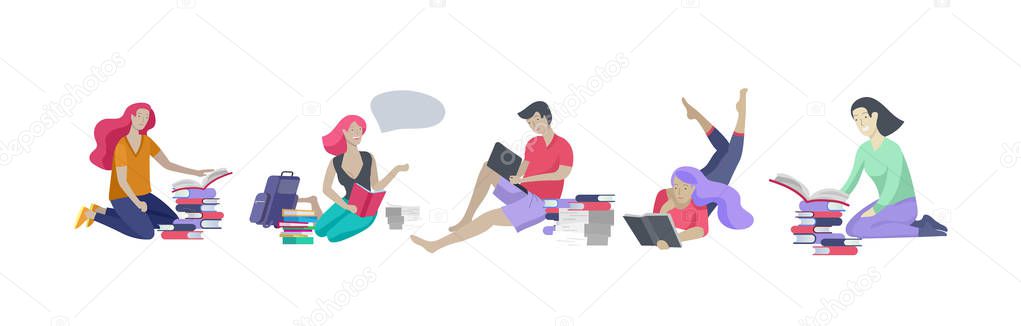 Set of happy relaxed learning and reading people outdoor park for online education, training and courses. Modern vector illustration concept, cartoon
