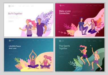 Happy Lover Relationship ile açılış sayfası şablonu, romantik çiftin açık havada yürüdüğü, tenis oynadığı, yoga yaptığı, koşu yaptığı, dans yaptığı sahneler. Karakterler Sevgililer Günü Seti. Renkli