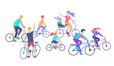 Genç kadın ve adam Park Bisiklet binmek, Aile ve arkadaşlar bisiklet sürme. Anne, baba ve çocuklar Park bisikletinde birlikte bisiklet. Spor açık hava aktivitesi. Karikatür vektör