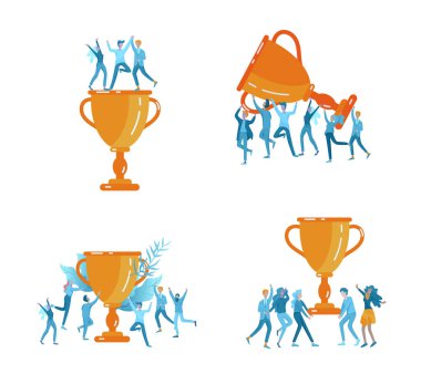 Vektör iş illüstrasyon, liderlik yaratıcı takım, kazanan ile ayakta başarılı insanlar
