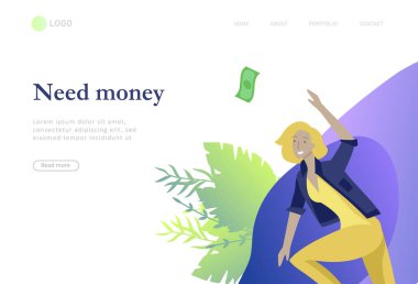 Açılış sayfası şablonu para ile mutlu insanlar, hareket halinde karakterler para kazanmak. İş yatırımı, para yağmuru, erkek ve kadın kar ile koşmak, faturaları yakalamak. Karikatür tarzı, düz vektör