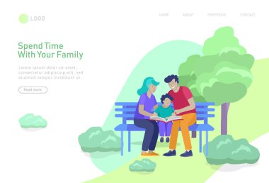 İnsanlar Zaman Harcama ile Açılış sayfası şablonu, Doğa üzerinde rahatlatıcı, çocuk okuma kitabı ile aile, köpek yürüyüş, adam bankta uyku, grup insanlar gitar kız oynarken dinlemek. Karikatür