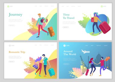 insanların tatile seyahat ile açılış sayfası şablonu. Ailesi, arkadaşları ve yalnız seyahat laggage ile turistler, yolculuğa çıkmak. Mutlu yolculuk zamanı. Vektör illüstrasyon karikatür