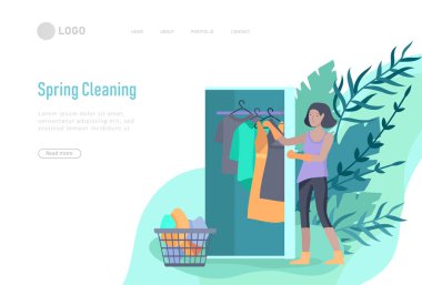 açılış sayfası şablon insanlar ev temizliği, bulaşık yıkama, giysi kat, pencere, halı ve zemin, toz, su çiçeği silmek. Vektör illüstrasyon karikatür