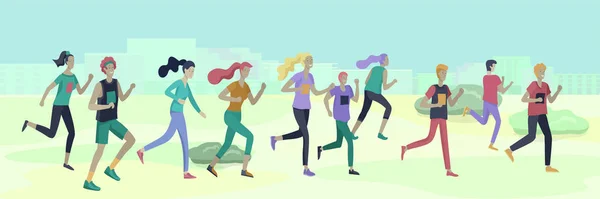 People Marathon Running Sport race sprint, concept illustration running men and women wearing sportswer in landscape. Bieganie na treningu. Zdrowe ćwiczenia z aktywną prędkością. Wektor kreskówki — Wektor stockowy