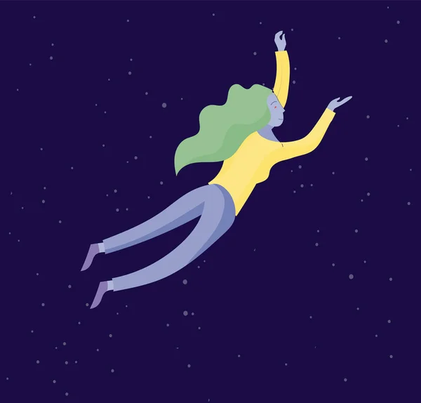 Uma mulher inspirada a voar no espaço. Personagem em movimento e flutuando em sonhos, imaginação e inspiração. Estilo de design plano —  Vetores de Stock