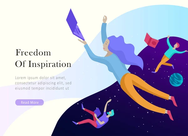 Landing page templates set. Inspired People flying in space and reading books. Characters moving and floating in dreams, imagination and freedom inspiration. Flat design style — Stock Vector