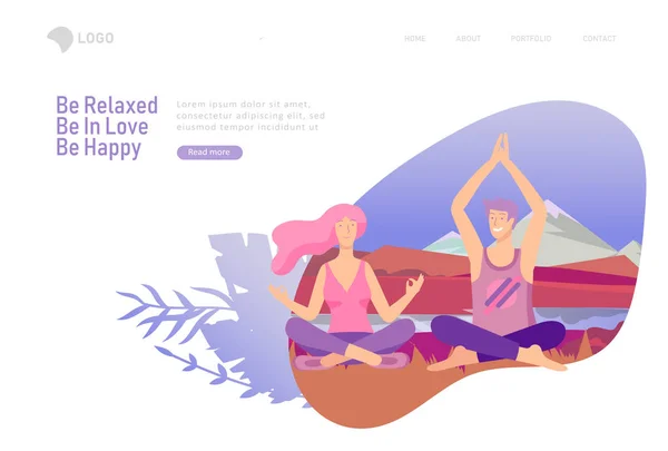 Landing page template met gelukkige minnaar relatie, scènes met romantisch paar doen yoga. Tekens Valentine dag set. Kleurrijke — Stockvector