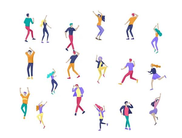 Jumping character in various poses. Group of young joyful laughing people jumping with raised hands. Happy positive young men and women — Stock Vector