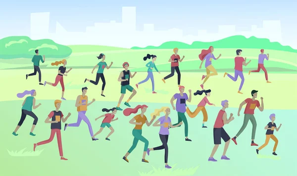 Lomba lari lari Olahraga Masyarakat, konsep ilustrasi berlari pria dan wanita mengenakan olahragawan di lanskap. Jogging di Pelatihan. Latihan Kecepatan Aktif Sehat. Vektor Kartun - Stok Vektor