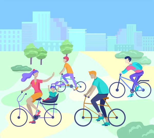 Joven mujer y hombre montar la bicicleta en el parque, la familia y amigos montar en bicicleta. Mamá, papá y niños en bicicleta en el parque juntos. Deportes actividad al aire libre. vector de dibujos animados — Archivo Imágenes Vectoriales