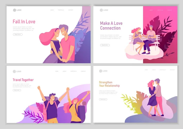 Landing page template with Happy Lover Relationship, scenes with romantic couple online dating kissing, hugging, playing guitar, traveling. Characters Valentine day Set. Colorful vector — Stock Vector