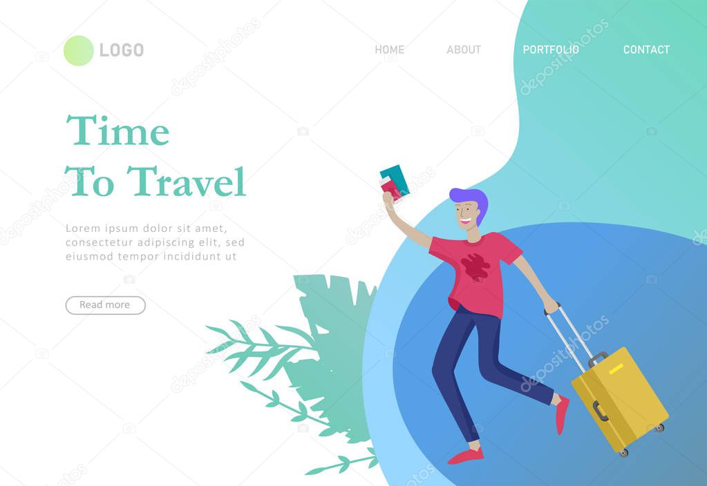 landing page template with people travel on vacation. Tourists with laggage travelling with family, friends and alone, go on journey. Time to happy travel. Vector illustration cartoon